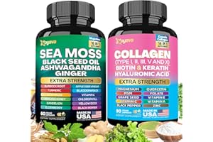 Zoyava Radiant Wellness Bundle -Sea Moss, Black Seed Oil, Ashwagandha, Ginger, Burdock Root, Bladdewrack, Turmeric & Collagen Types I II III V X, Biotin, Keratin, Hyaluronic Acid, Folate, Quercetin