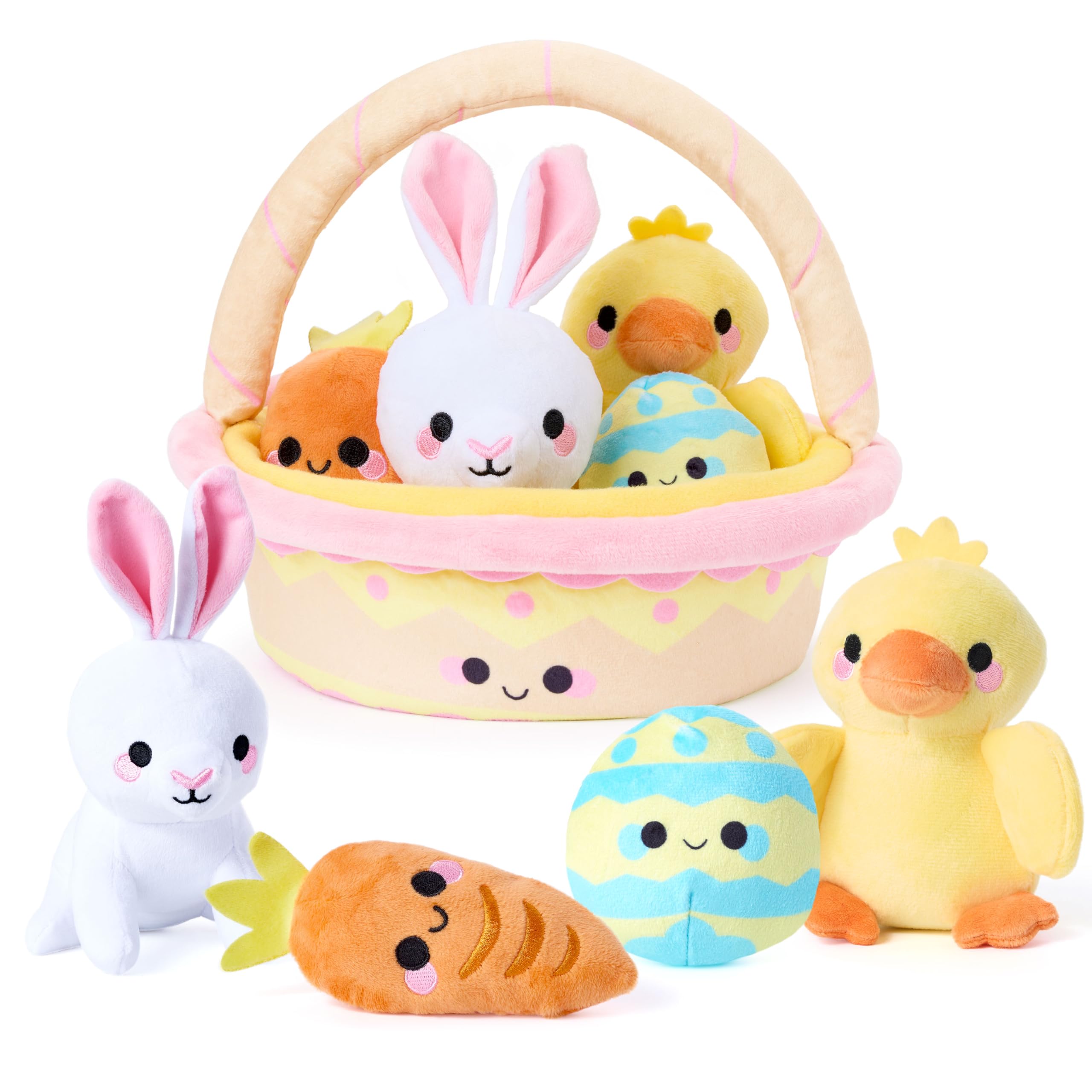 JOYIN 5 Pcs Easter Basket Plush Playset, Filled Basket with Bunny Chick Egg Carrot, Easter Toys Gifts Prefilled with Animal Stuffers for Baby Toddler Kids Boys & Girls of All Ages