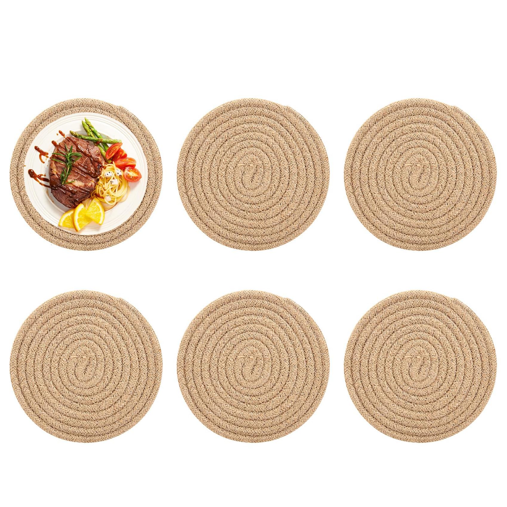 Pyatofyy Round Woven Placemats Set of 6, 7 Inch Jute Placemats Anti-Slip Heat Resistant Mat for Kitchen Dining Table, Yellow
