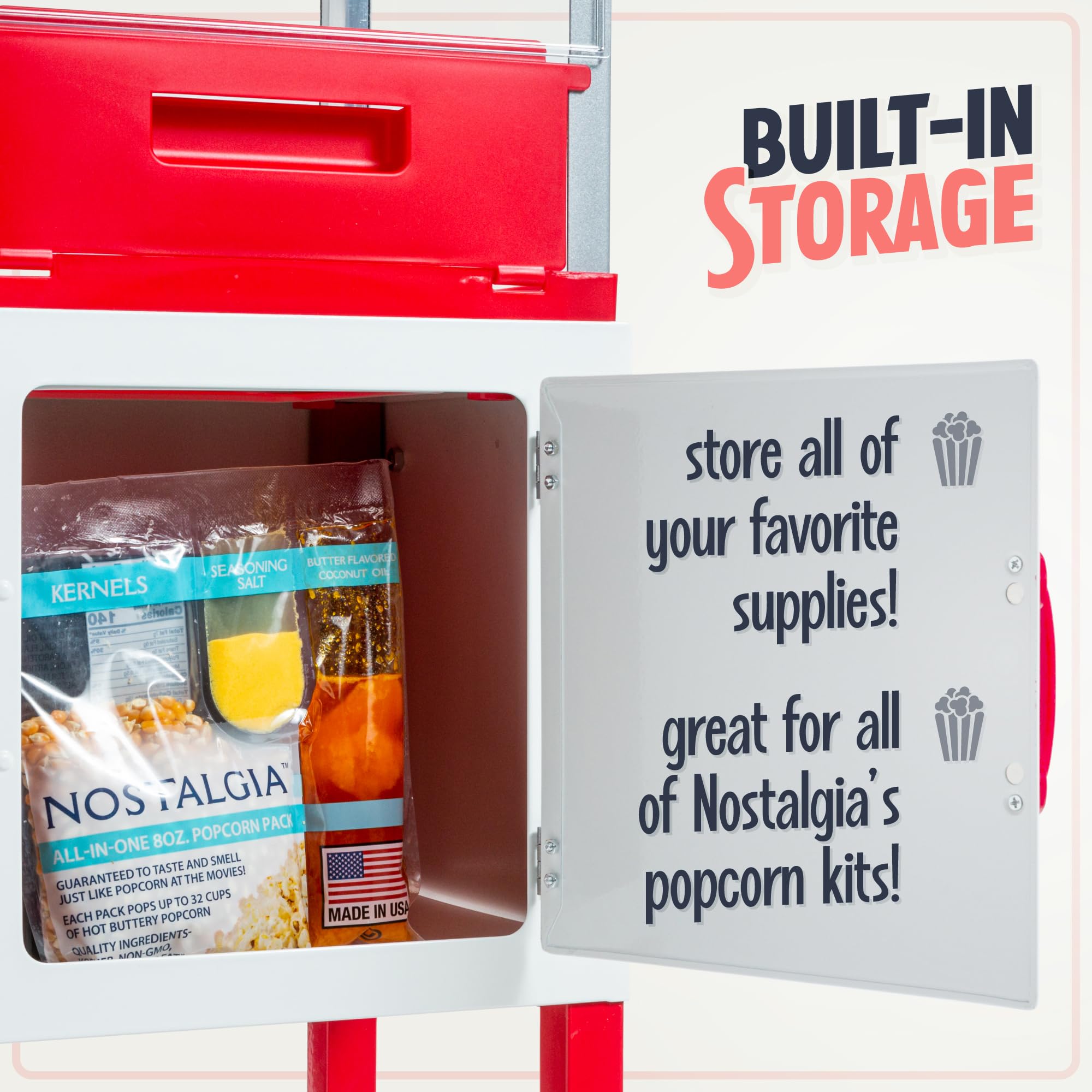 Nostalgia Popcorn Maker Machine - Professional Cart With 2.5 Oz Kettle Makes Up to 10 Cups - Vintage Popcorn Machine Movie Theater Style - Red & White