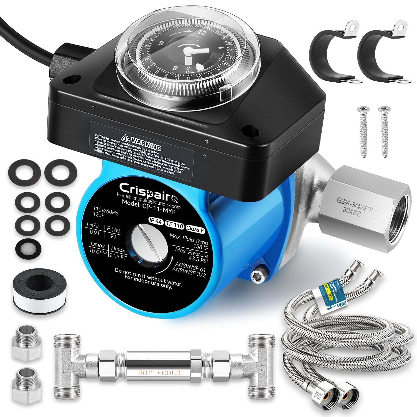 Photo 1 of Crispaire Instant Hot Water Recirculating Pump Kit with 304 Stainless Steel Bypass Valve for Tank Water Heaters Includes All Installation Components, And 20-Inch PEX Supply Lines for Potable Water