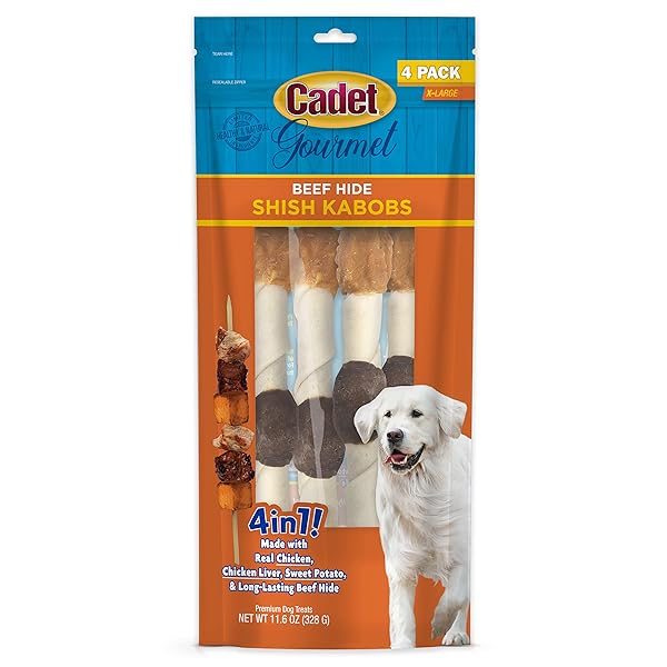 CADET GOURMET SHISH KABOB DOG TREATS FOR LARGE DOGS, HEALTHY & NATURAL CHICKEN & SWEET POTATO CHEW STICKS, BEEF HIDE, EXTRA LARGE 10 INCH, 4 COUNT (PACK OF 1)