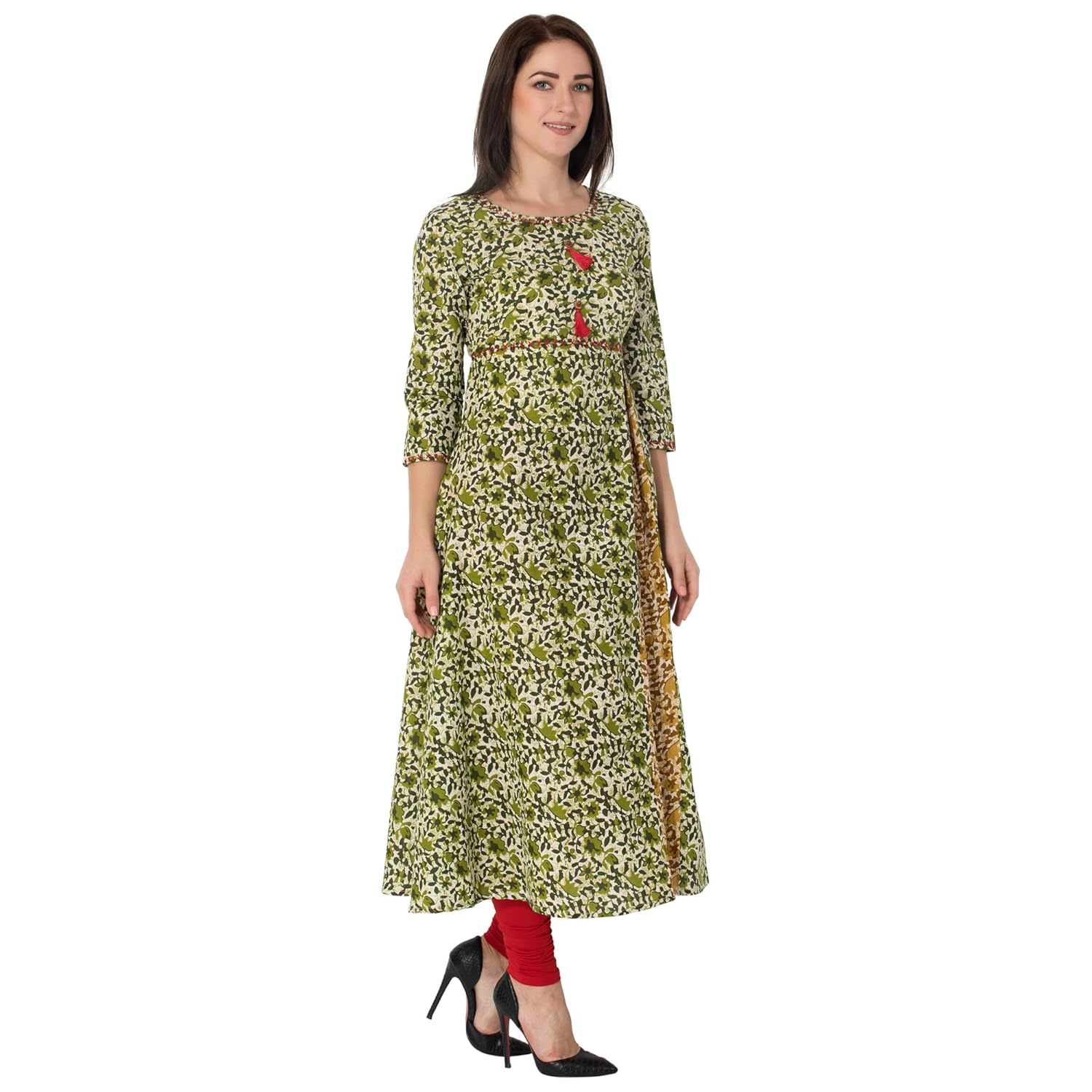 gulmohar jaipur women's cotton a-line kurti (green)
