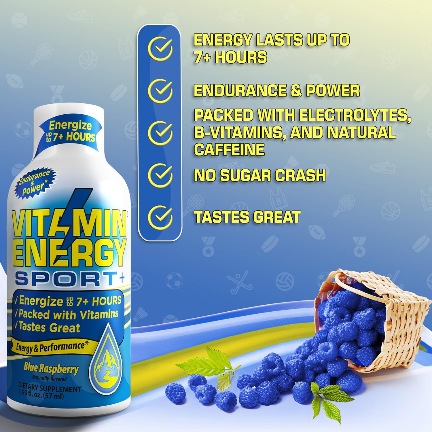 (48 Pack) VitaminEnergy™ Sport+ Energy Shots, Lasts up to 7+ Hours, Blue Raspberry Energy Drink With Electrolytes, Vitamin Supplements, Natural Caffeine, and Energy Boosting Keto Drink, 1.93 fl oz Ea.: Health & Personal Care