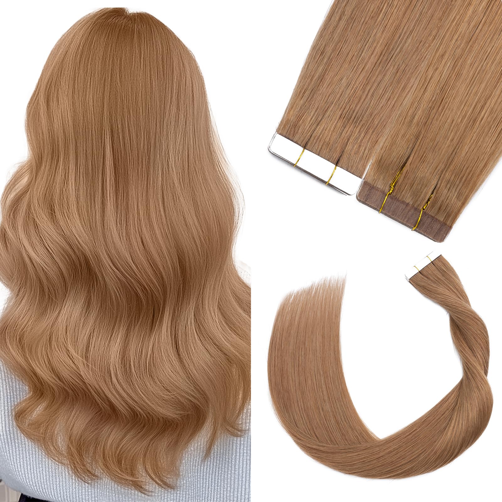 Tape in Human Hair Extensions Brown 20pcs 100% Remy Human Hair Straight Skin Weft Hair Extensions (16 inches 50g, #06 Light Brown)