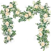 Der Rose 2Pcs 13FT Artificial Eucalyptus Flower Spring Garland with Fake Rose Flower Vine Seeded Eucalyptus Leaves Greenery Garland for Wedding Table Backdrop Party Centerpiece Room Decor (Champagne)