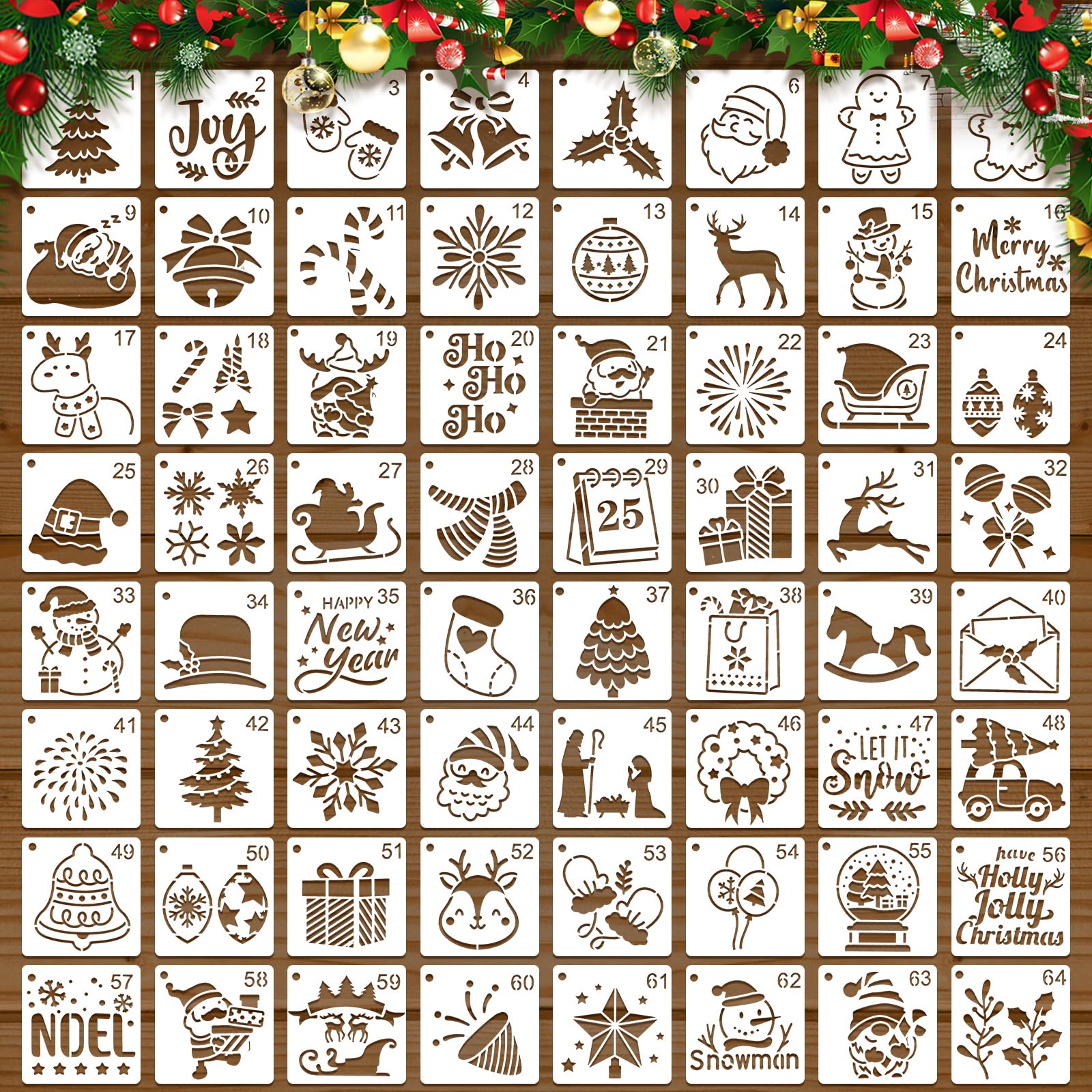JSRQT 64Pcs Small Christmas Stencils for Painting, Cute Cartoon Plastic Stencils for Crafts Reusable, 3×3 Inch Assorted Christmas Template for Wood Sign Wall Decor Card Making