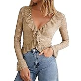 GERT COREL Womens Sexy Open Front Button Long Bell Sleeve Ruffle Trim Sheer Mesh Lace Crop Tops Blouses