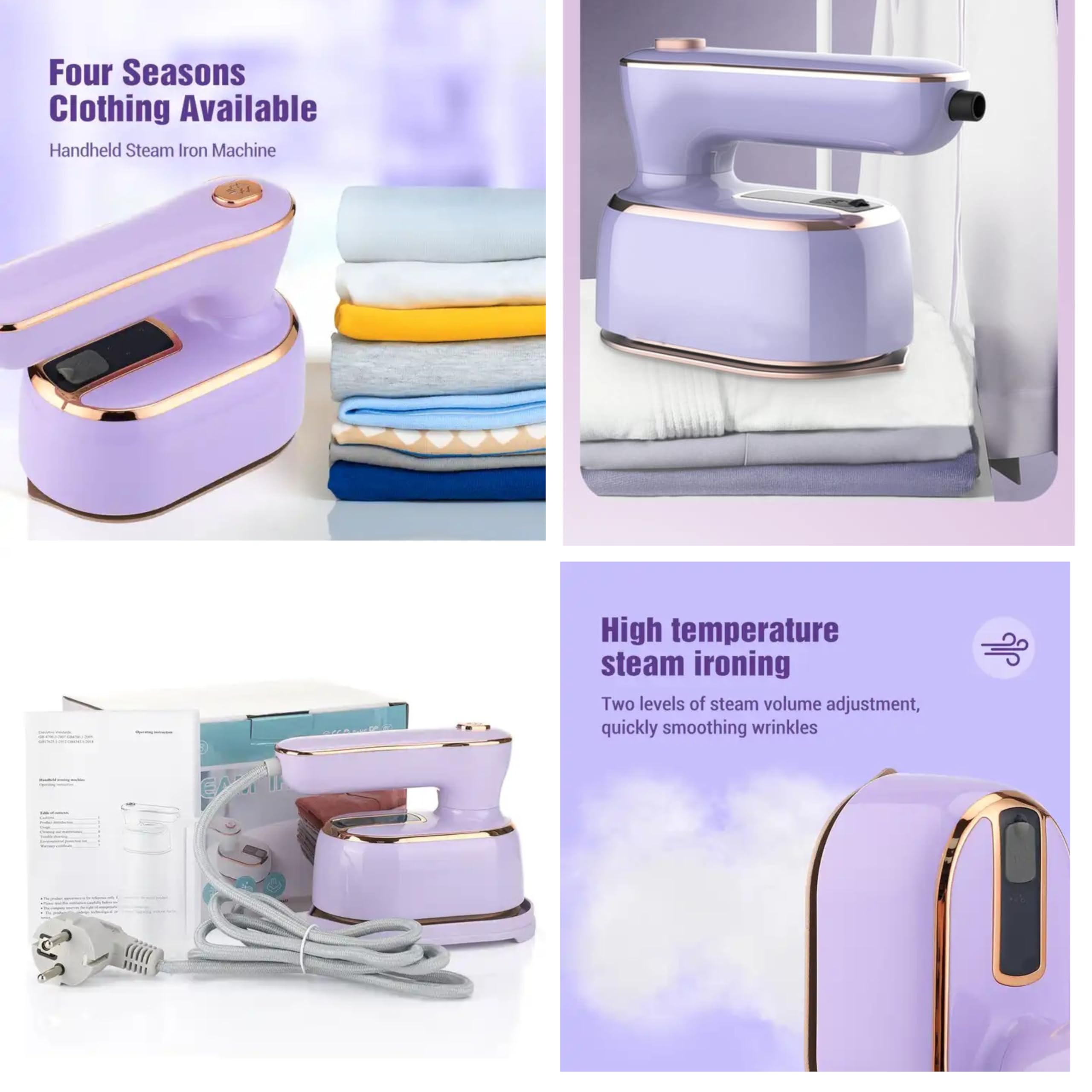 REBOLLITA Travel Steamer Iron for Clothes, 1000W handheld size portable Steamer Support Dry and Wet Ironing 180° small hand garment electric steam ironing machine for dress shirt travel (PURPLE)