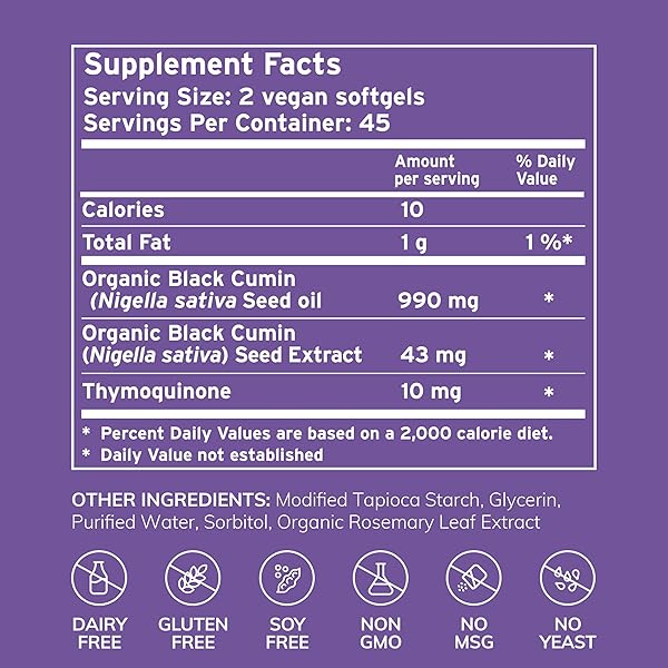 EYA VITAMINS ORGANIC EGYPTIAN BLACK CUMIN SEED OIL (90 SOFT GEL CAPSULES) COLD-PRESSED, UNREFINED, HEAVY METAL TESTED FOR PURITY & QUALITY, SUPPORT HEALTHY GUT BACTERIA & IMMUNE SYSTEM, VEGAN