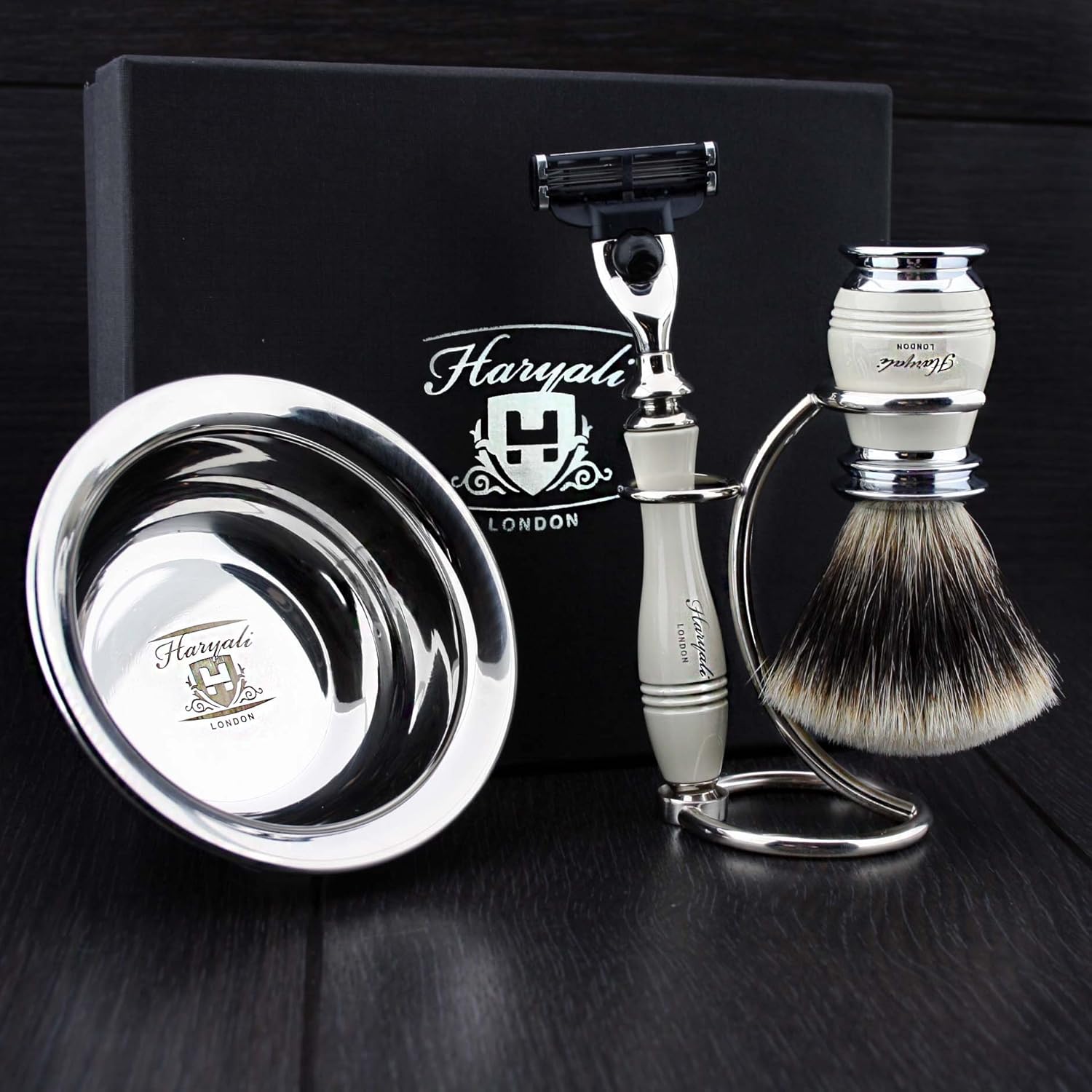 Shavig Set Men 4 Pieces, Badger Hair Silver Tip Brush, 3 Blade Cartridge Razor, Stainless Steel Stand & soap Bowl - Image 3