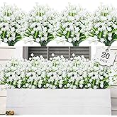 AmyHomie 20 Bundles Artificial Flowers for Outdoor Outside Spring Summer Decoration UV Resistant Faux Flowers No Fade Fake Plastic Plants Garden Porch Window Box Decorating (Pure White)