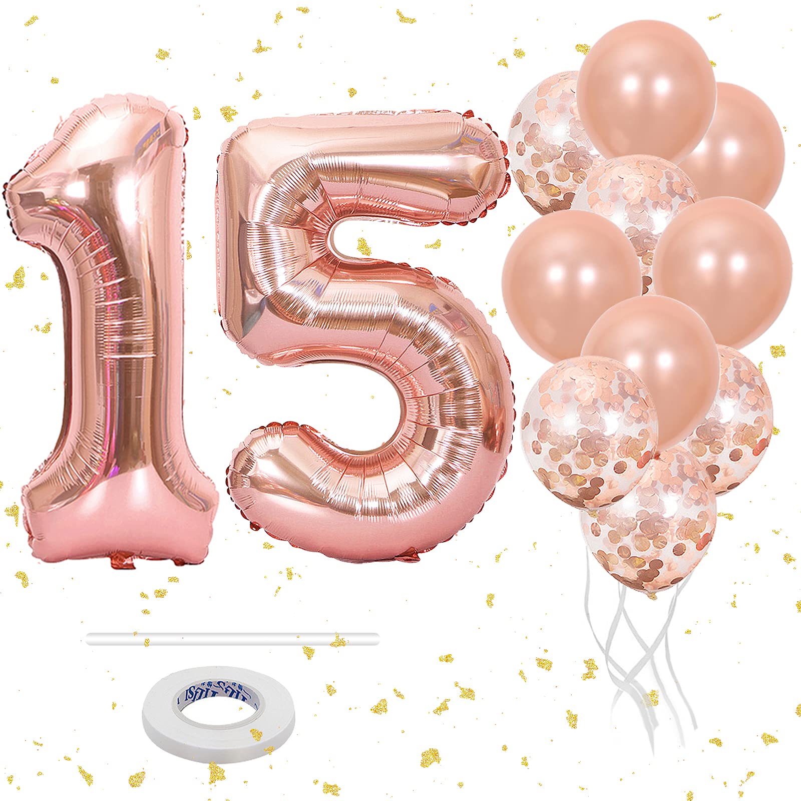 15th Birthday Balloons Rose Gold, 40 Inch Number 15 Balloon with Rose Gold Confetti Balloons, Birthday Decorations for Girls, Digital Helium Foil Balloon for Birthday Party Decoration