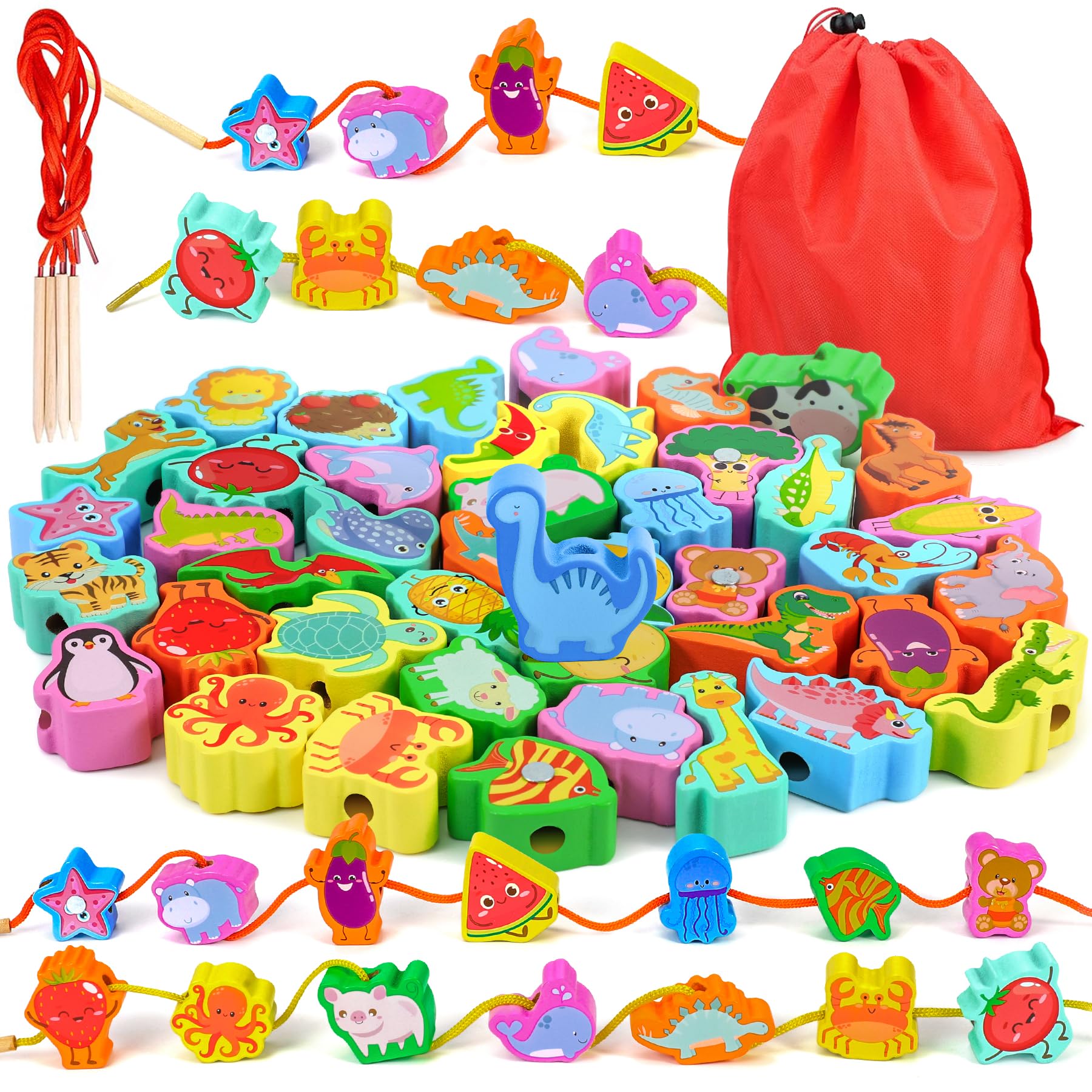 Ophy 48PCS Wooden Threading Toys | 2 in 1 Magnetic Fishing Montessori Toys 6 Themes for Kids 3+ Year Old Educational Learning Toys Fine Motor Skills Gifts for 3 4 5 Year Olds Kids Beads Threading Game