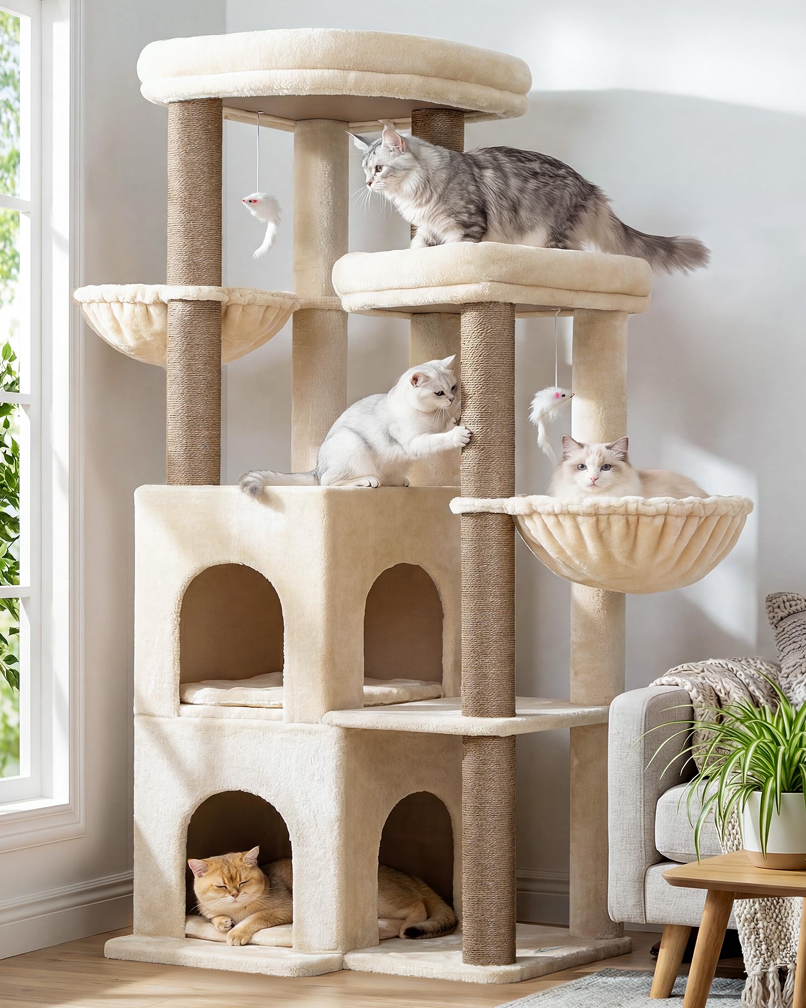 Globlazer Cat Tree Tower for Indoor Cats, Sturdy Adult Cat Tree House for Large Adult Cats with 2 Platform, 6 Cat Scratching Post, 2 Cat Caves, Dangling Toys, S63, 63 inch, Beige Image