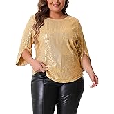 Agnes Orinda Plus Size Tops for Women 2025 Glitter 3/4 Slit Sleeve Crew Neck Shimmer Sparkle Sequin Party Blouse Tops