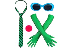 Alaxciax Green Costume Accessories, Stripe Tie with Blue Glasses Gloves Pink Pom-Pom for Men Women Halloween Cosplay Party