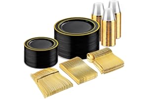 bUCLA 300PCS Black and Gold Disposable Dinnerware Set - 50 Guests Black Plastic Plates with Gold Rim Include 50 Dinner / 50 Dessert Plates, 50 Forks,50 Knives,50 Spoons&50 Cups for Party&New Year