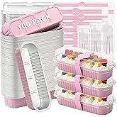 Ruckae 100 Pack Mini Loaf Cake Pan with Lids and Spoons Disposable Aluminum Tin Foil Pans Rectangle Mini Loaf Pans with Lids for Baking,Party,Picnics,Holidays (Pink)