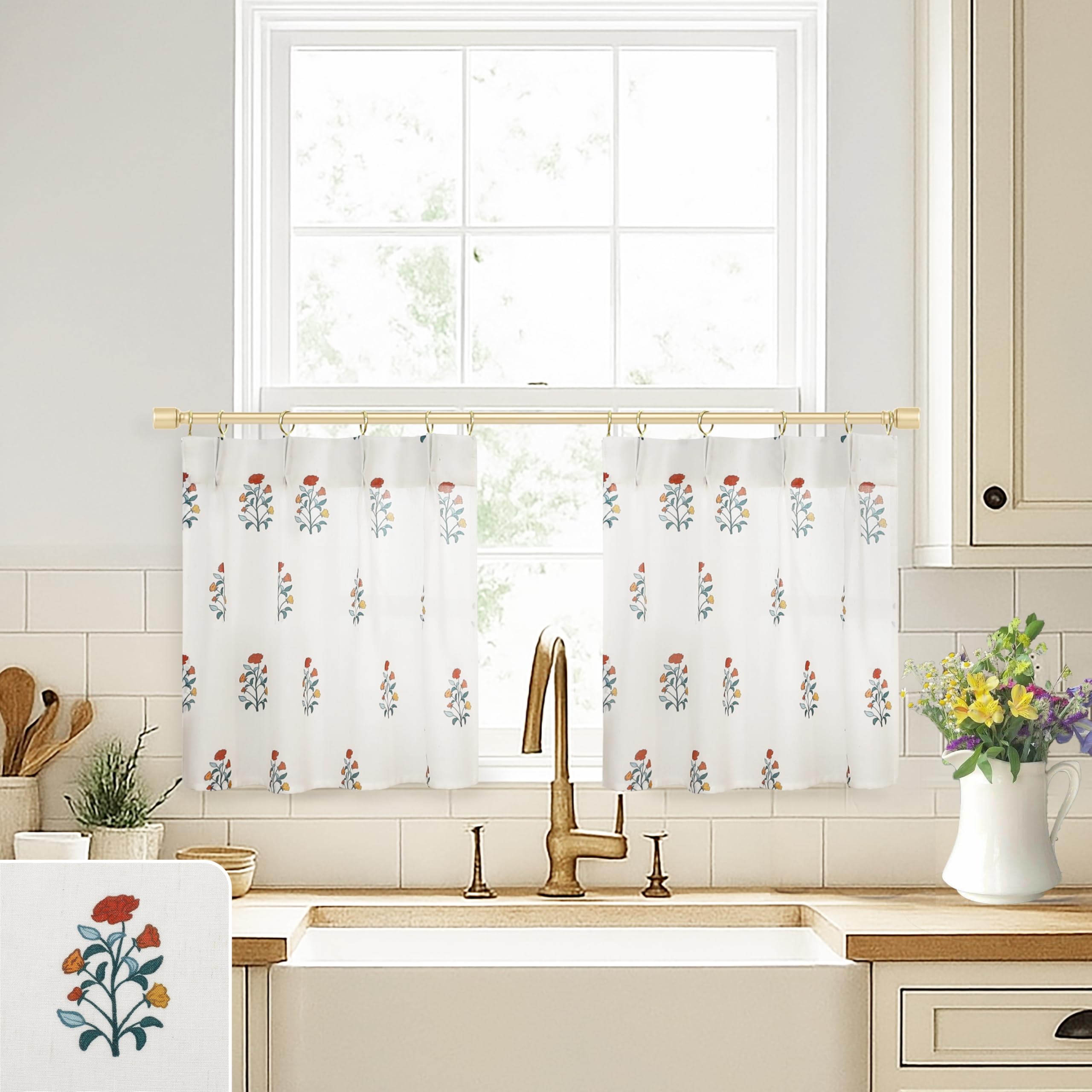 Red Christmas Curtains for Kitchen Window Over Sink,Vintage Farmhouse Whimsical Fun Floral Country Cafe Small Cabinet Curtains 18 Inch Length
