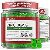 Zinc Gummies + Copper, Selenium, Vitamin C & D3, Fermented Zinc Supplements for Women and Men with Elderberry for Daily Immune Support, Powerful Antioxidant, High Absorption, Vegan, Sugar Free, 2 Pack
