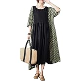 ellazhu Women's Plus Size Boho Maxi Dress with Half Sleeves Scoop Neck Bohemian Print for Summer Beachwear GA1396 A