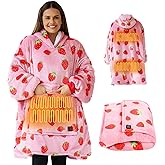 Cootway Heated Wearable Blanket Hoodie, 3 Heat Level Oversized Strawberry Blanket Hoodie for Women Without Battery Pack, Cozy Warm Sweatshirt Blanket, USB Heating Hooded Blanket w/Sleeves&Giant Pocket
