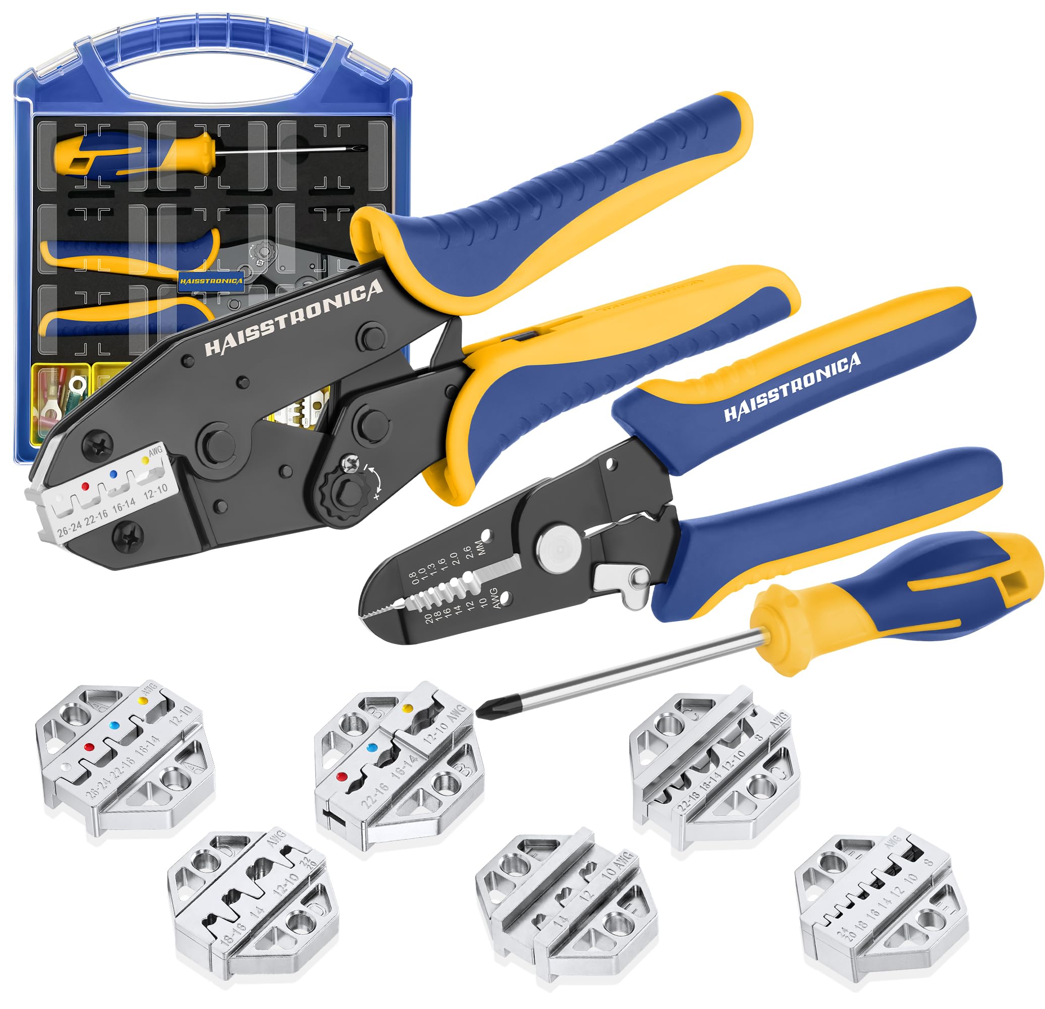 haisstronica Crimping Tool Set - 6PCS Crimping Die for Heat Shrink,Insulated Nylon,Non-Insulated,Ferrule Wire End,Open Barrel Terminals,Solar Connectors - with Wire Stripper Tool and Screwdriver Image
