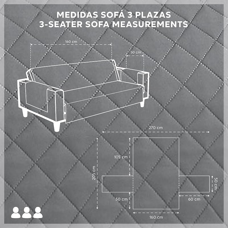 Textilhome Funda Cubre Sofá 3 Plazas MALU, Protector para Mascotas Gris — foto 3 de 8