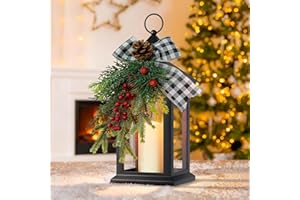 JOHUNT Christmas Decorative Lantern Indoor, Black Lantern with Timer, 14" Vintage Lanterns Waterproof with Battery Operated Candle, Outdoor Hanging Lanterns for Porch Patio Wedding Decor Xmas Gifts