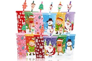 Jansun 12pcs Christmas Color Changing Cups with Lids and Straws 12Oz Reusable Plastic Cups for Party Decorations Winter Chris