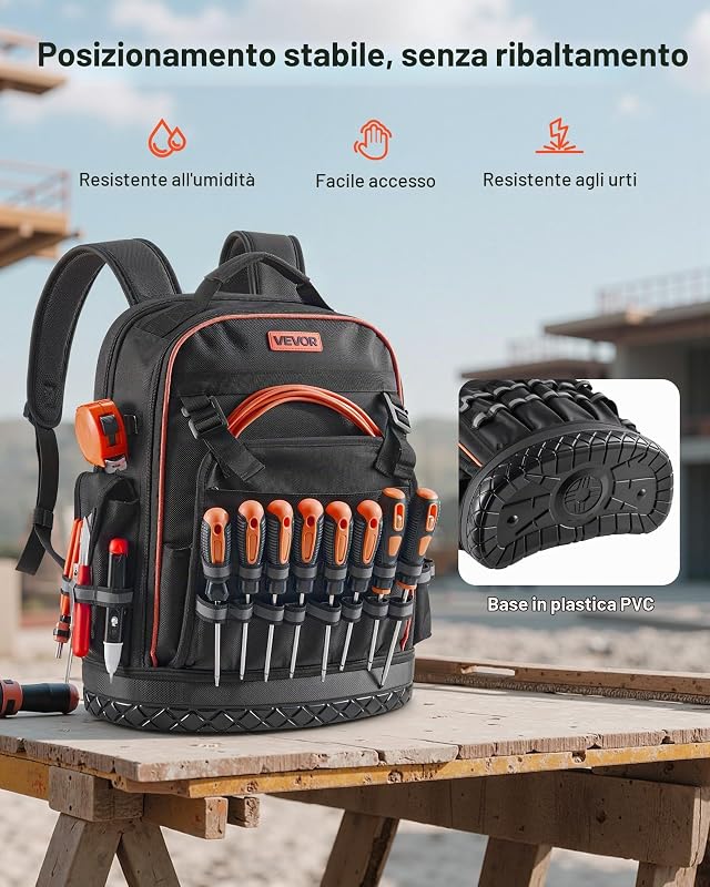 Zaino Portautensili, 64 Tasche, per Attrezzi Pesanti, Zaino da Lavoro con Scomparto per Laptop e Base Sagomata, Borsa da Cantiere per Elettricisti, Riparatori e Tecnici HVAC Nero