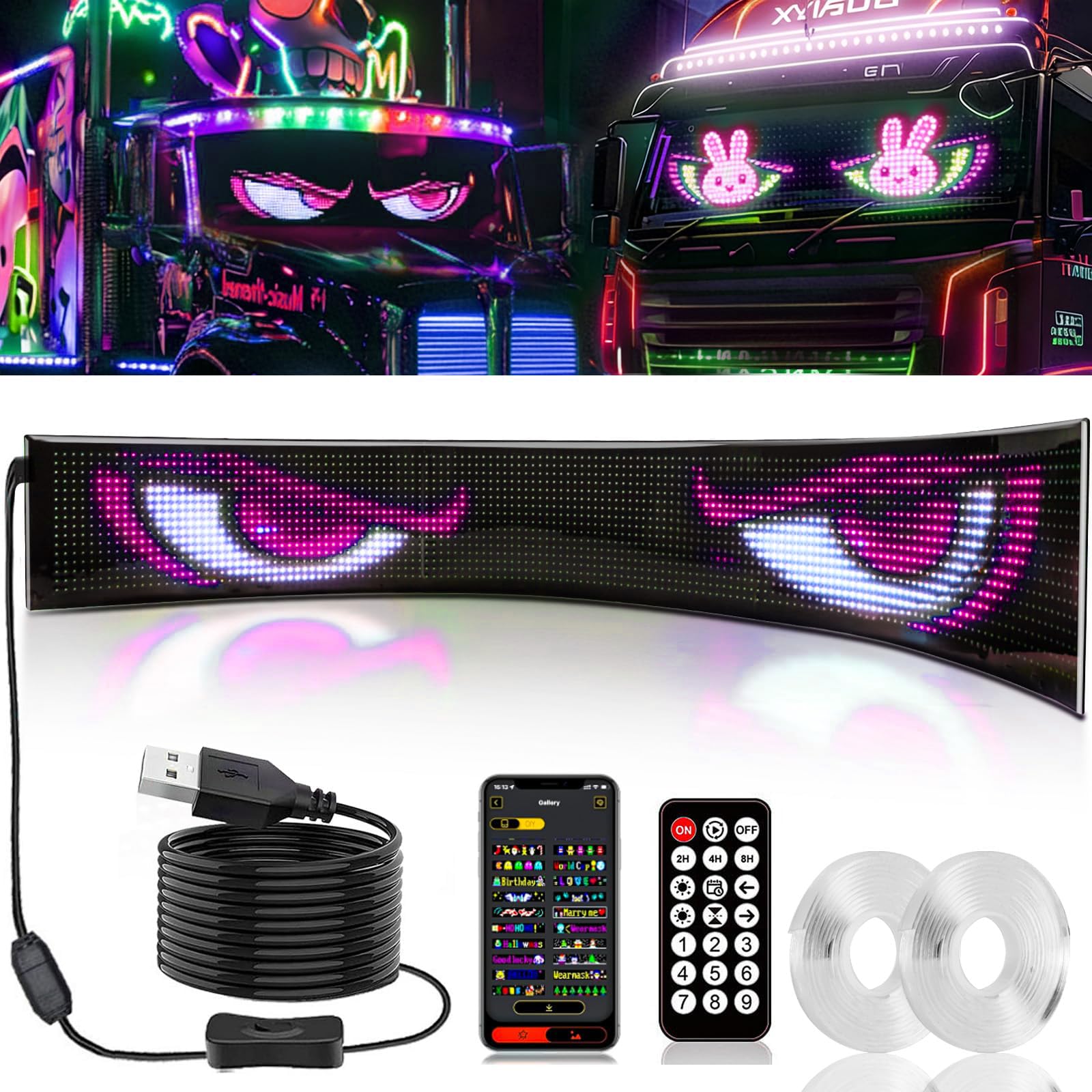 Photo 1 of 1 Piece 52x7.6in Extra-Large Devil Eyes Light for Truck Windshield, Flex LED Display for Car Eyes, Programmable Soft Screen Dynamic Car Eyes Easter St. Patrick's Day Shamrock Bunny Decor