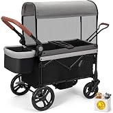 ELEMARA All-Terrain Stroller Wagon for 2 Kids, Foldable Kids Wagon Stroller Includes Removable Canopy,Mosquito net, Adjustable Push＆Pull Handle,Snack Tray &amp; Cup Holders, Storage Basket, Grey+Black