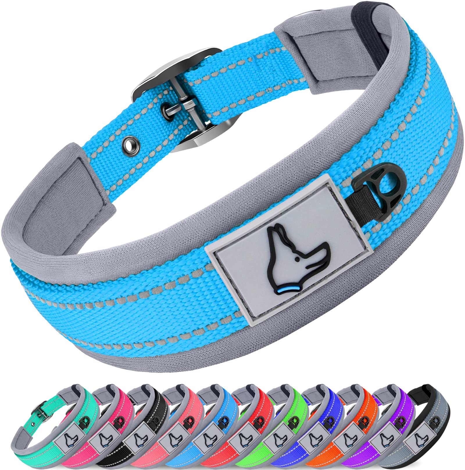 Joytale Reflective Dog Collar Large Dogs | Ultra Comfy Soft Neoprene Padded | Heavy Duty Metal Belt Buckle, Sky Blue