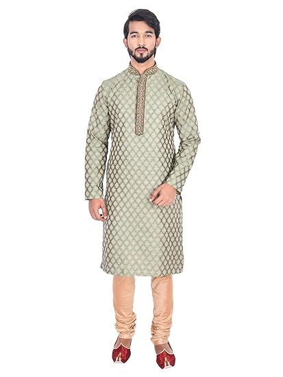 Men's Green Full Sleeve Regular Fit Designer Kurta & Churidar Set