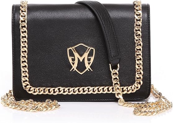 black leather handbag with chain strap