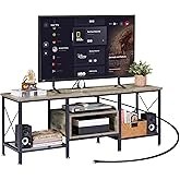 VECELO TV Stand with Power Outlets for 65 Inch Industria Media Entertainment Center with Charging Station, 3-Tier Open Shelves & Metal Frame for Living Room, Bedroom, 55 Inch, Grey