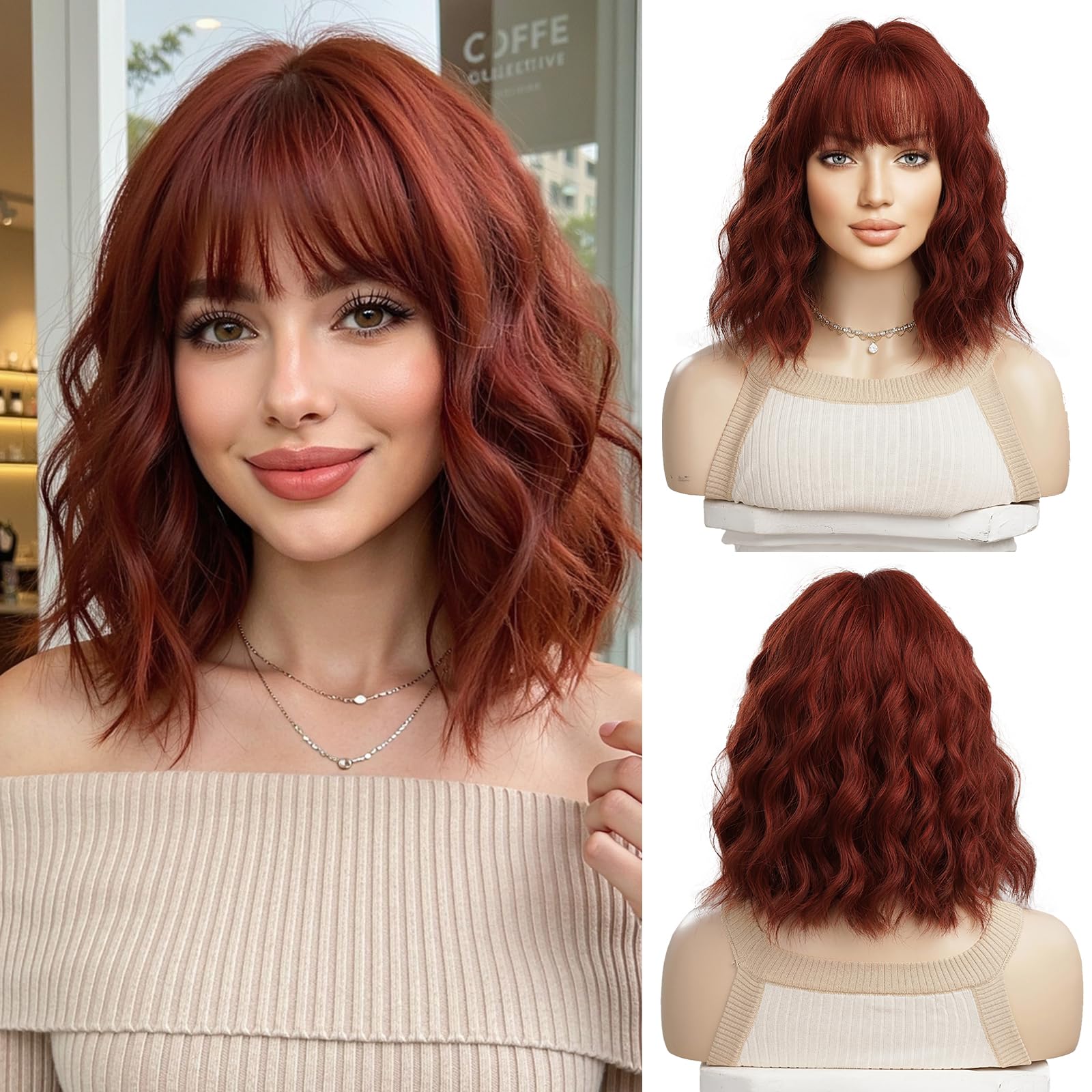OUFEI Reddish Brown Wig with Bangs Curly wigs for Women Short Red Copper Wigs Synthetic Hair Heat Resistant Wigs for Daily Party Cosplay Wear- — image 1
