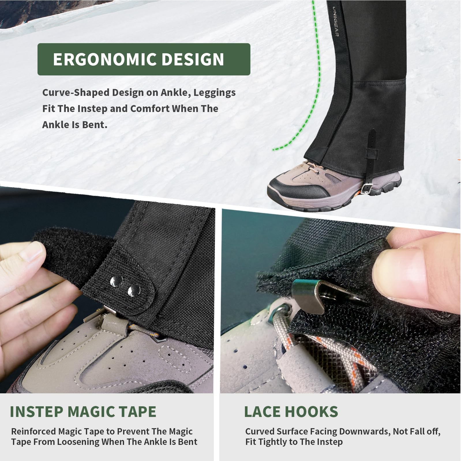 Unigear Gamaschen Outdoor Wasserdicht zum Wandern, Beinschutz Gamasche für Fahrrad Trekking Schneewandern, Verstellbar, Atmungsaktiv 4