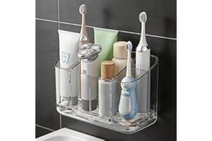 Electric Toothbrush Holder Wall Mounted & Counter Top, 5-Brush Bathroom Organizer with Self-Adhesive & Drainage Holes - Water