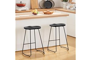 HeuGah Barstools Set of 2, 26" Counter Height Bar Stools with Metal Leg, Rustic Backless Bar Stools for Kitchen Island, Wood Bar Chairs with Saddle Seat (Black, 2 PCS 26Inch Counter Chair)