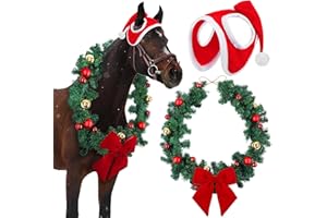Dansydaisy 2 Pcs Christmas Horse Costume Accessories, 70.9 Inches Horse Neck Wreath Velvet Bow Artificial Garland with Santa Hat for Holiday Decor Christmas Party Parades Supplies