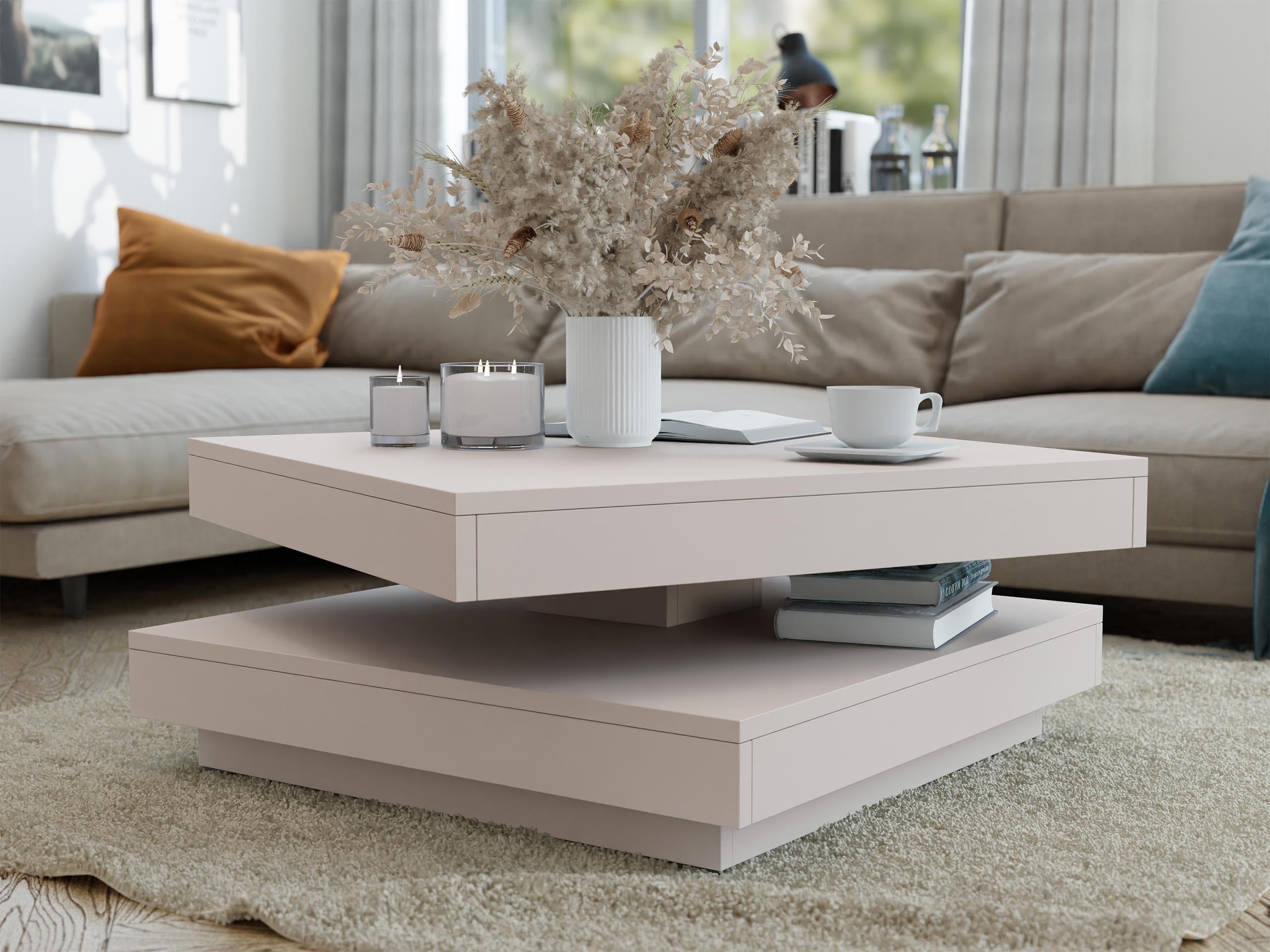 Mirjan24 Couchtisch Luriso, Sofatisch, Obere Tischplatte frei drehbar, Kaffeetisch, Wohnzimmertisch, Teetisch (Cashmere) 2