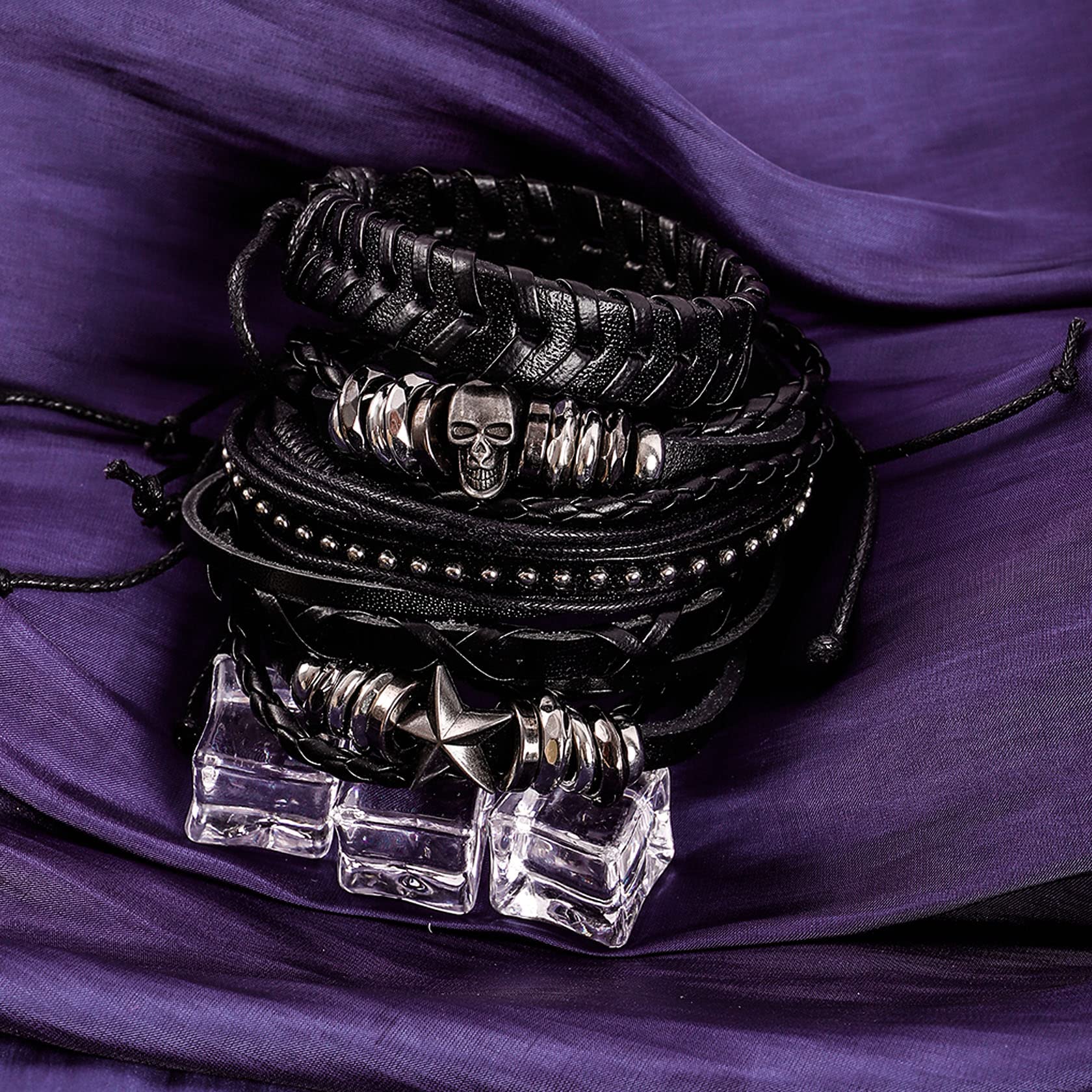 MILAKOO 6Pcs Punk Leather Bracelets for Women Men Braided PU Wristband Skull Skeleton Accessories