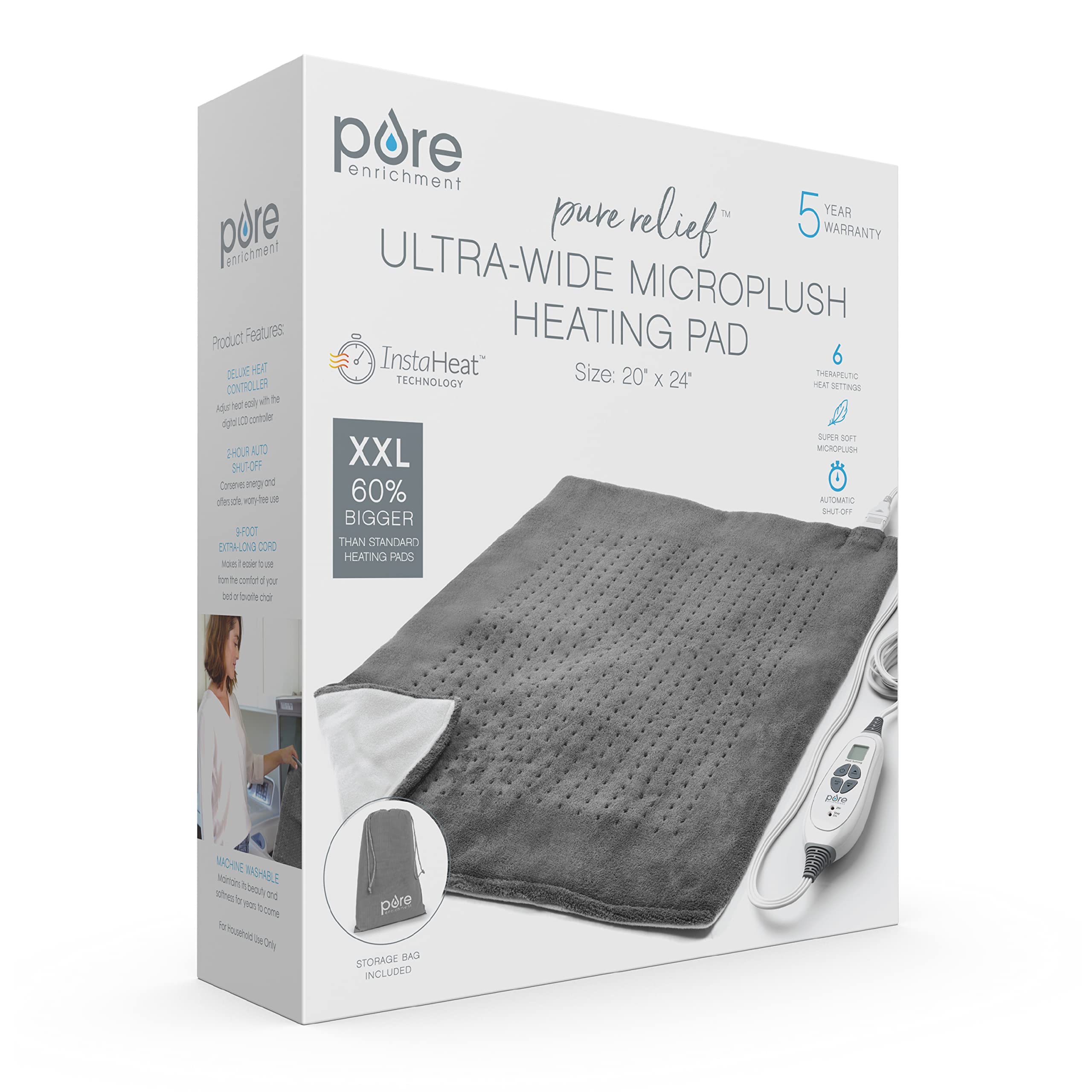 Pure Enrichment PureRelief Ultra-Wide Microplush Heating Pad - 20” x 24” XXL Size & 6 Heat Settings for Temporary Neck, Shoulder & Back Pain Relief - Moist Heat Option & Machine Washable (Gray)