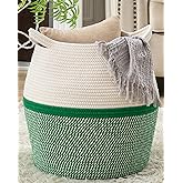 KAKAMAY Woven Baskets for Storage(17"x17"),Large Cotton Rope Woven Baby Laundry Hamper,Collapsible Laundry Basket, Blanket Basket for Organizing Living Room,Nursery,Pillows,Toy Chest(Green)