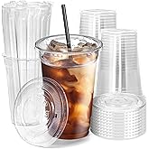 Fit Meal Prep 100 Pack 20 oz Plastic Iced Coffee Cups with Flat Lids and Black Straws, Disposable Clear Cup, BPA Free Cup for Party, Smoothie, Cold Drinks, Juice, Milkshake, Bubble Boba, Tea