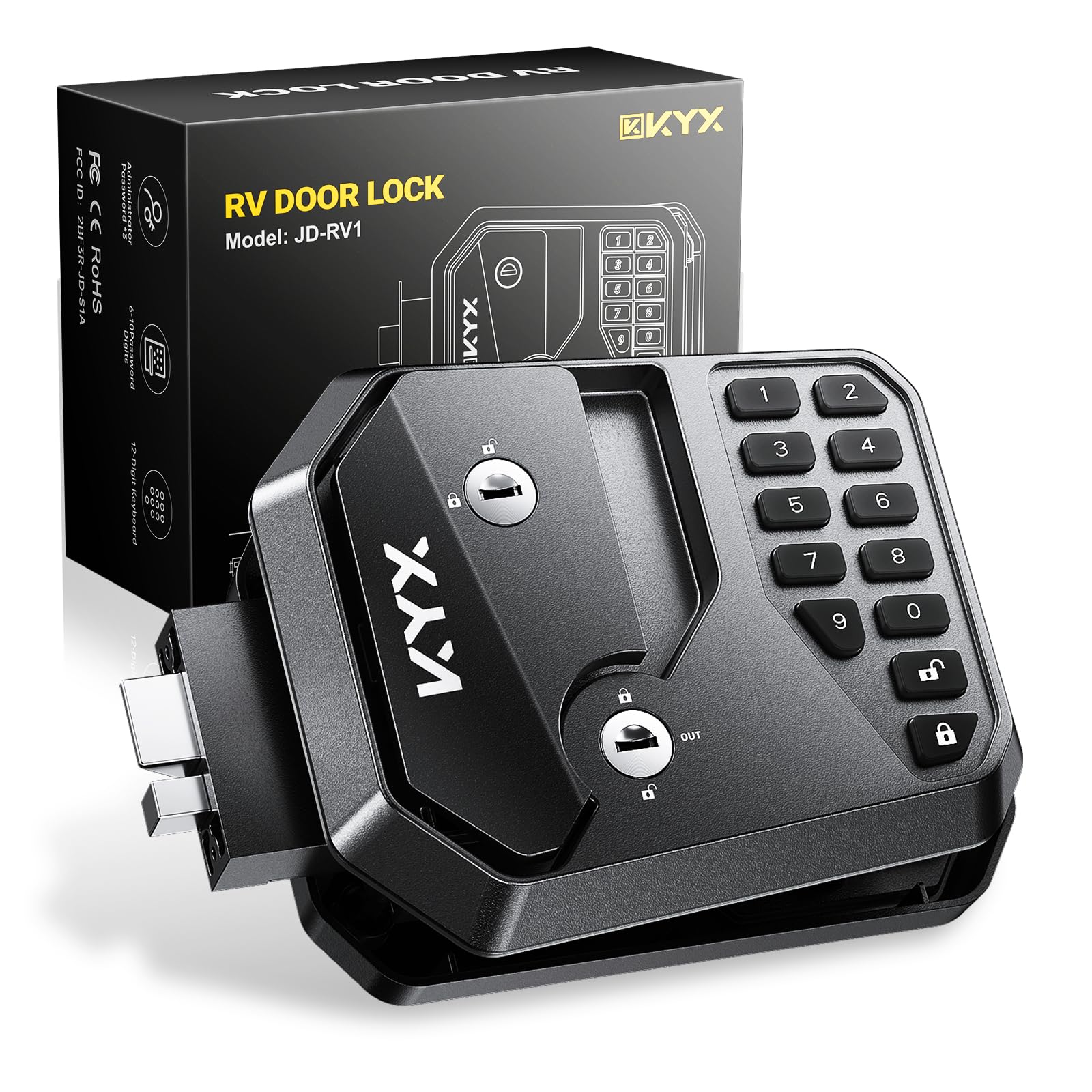 Photo 1 of KYX RV Door Lock Keyless Entry with Remote & Password - Latch | Fits Most Camper Trailer Motorhome | Replacement 2.75"x3.75" | All-Metal Construction | New Style| 4