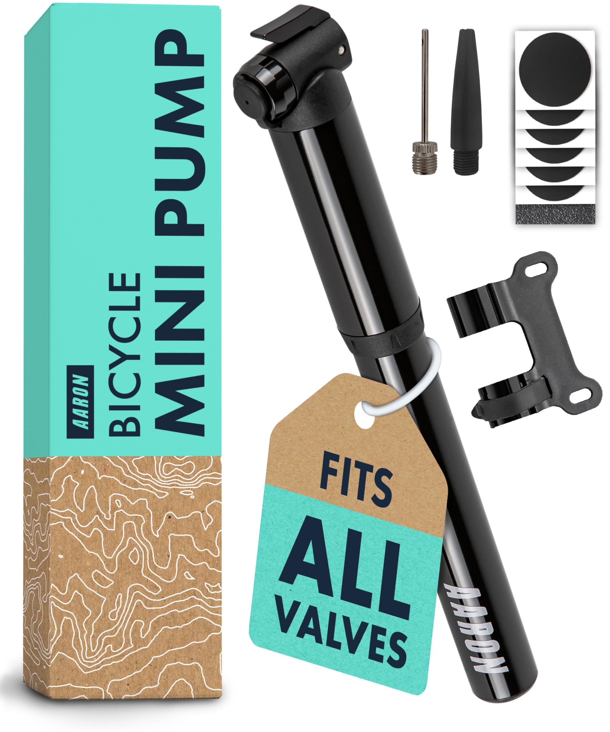 AARON - Pocket One Mini Bicycle Pump - Suitable for all Valves - Compact and Light - High Pressure of 100 psi/7 bar - Frame Pump for Racing Bikes, E-bikes, Mountain Bikes, Trekking Bikes - Black